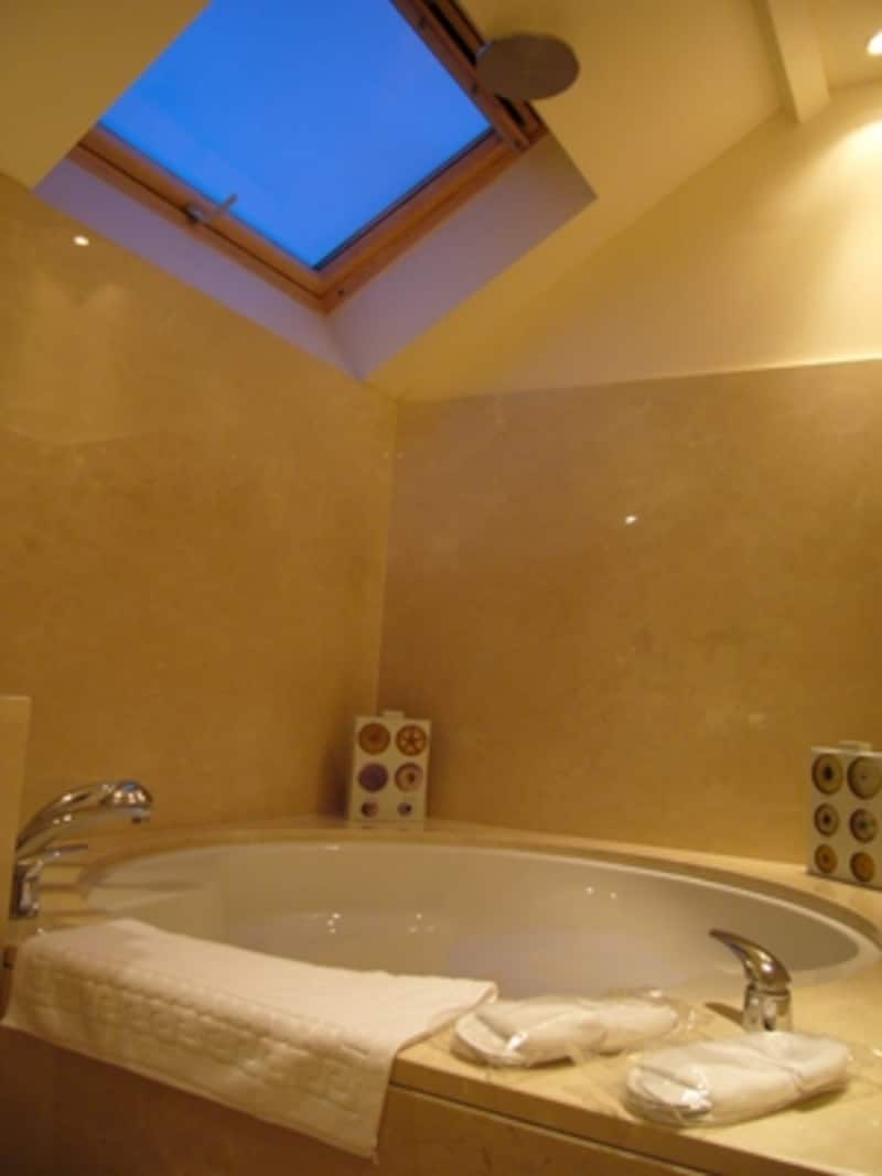 広々としたバスルームはゆっくりと星空を眺めながら