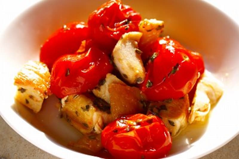 焼きミニトマトと鶏肉のオイル漬