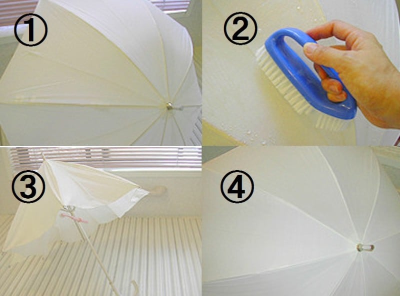 （1）洗う前の日傘（2）ブラシでやさしく洗う（3）はじめは半開きにして乾かす（4）終了！　思いのほか、きれいになりました！