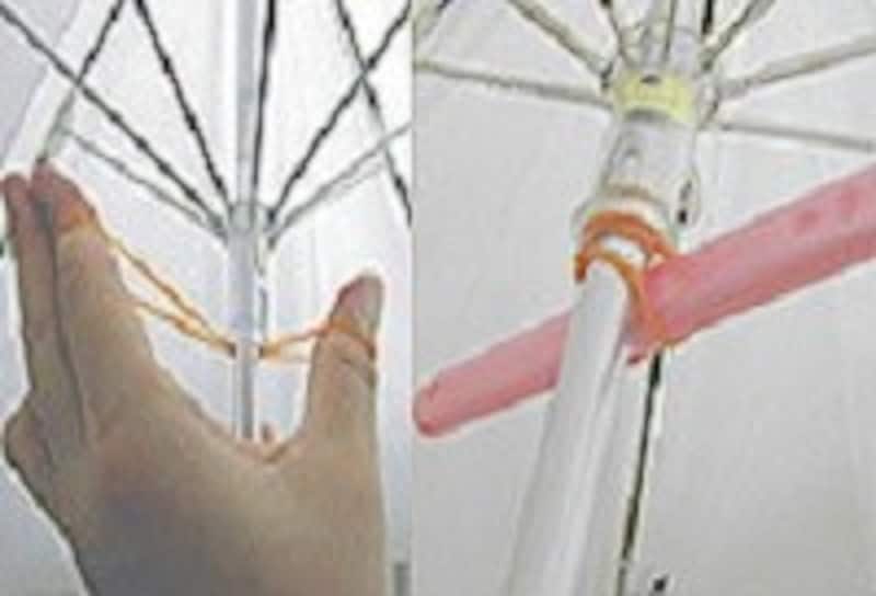 半開きで固定するのが難しい日傘は、軸の中央に輪ゴムをかけてグルグルまわし、棒状のもので固定！