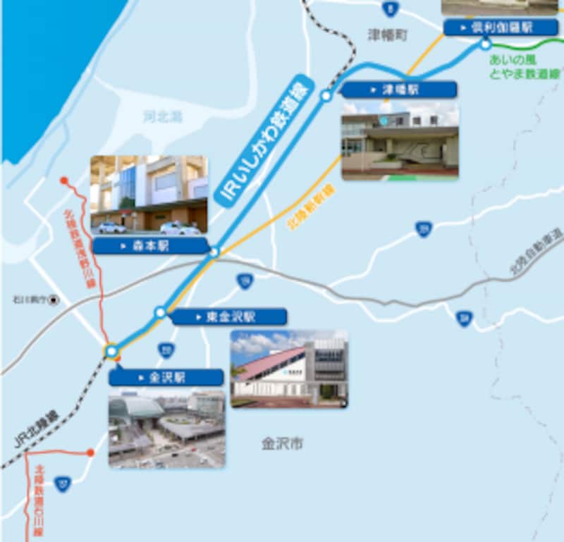 IRいしかわ鉄道路線図:金沢、津幡以外で下車する場合は別途運賃が必要