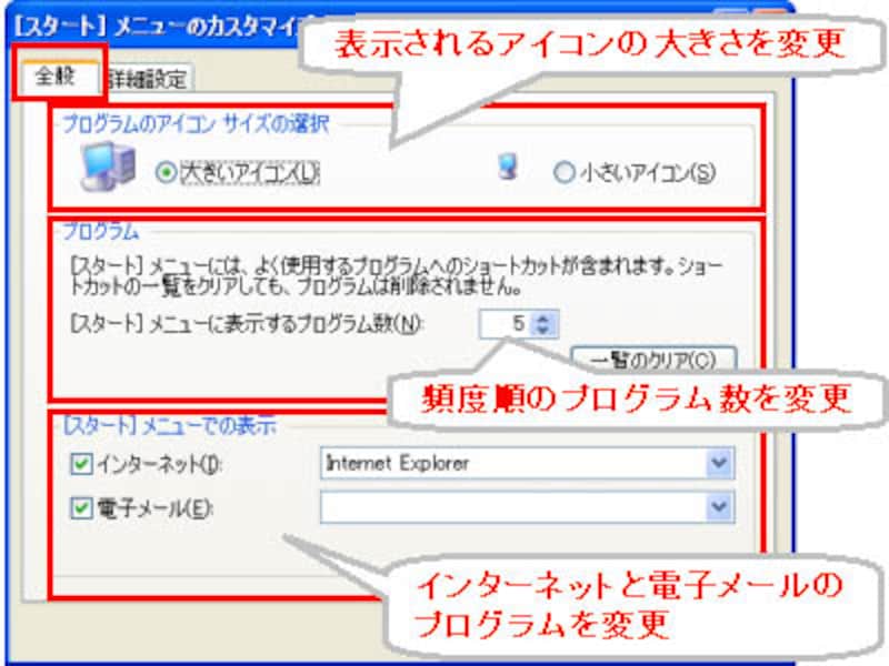 カスタマイズ画面の全般タブ