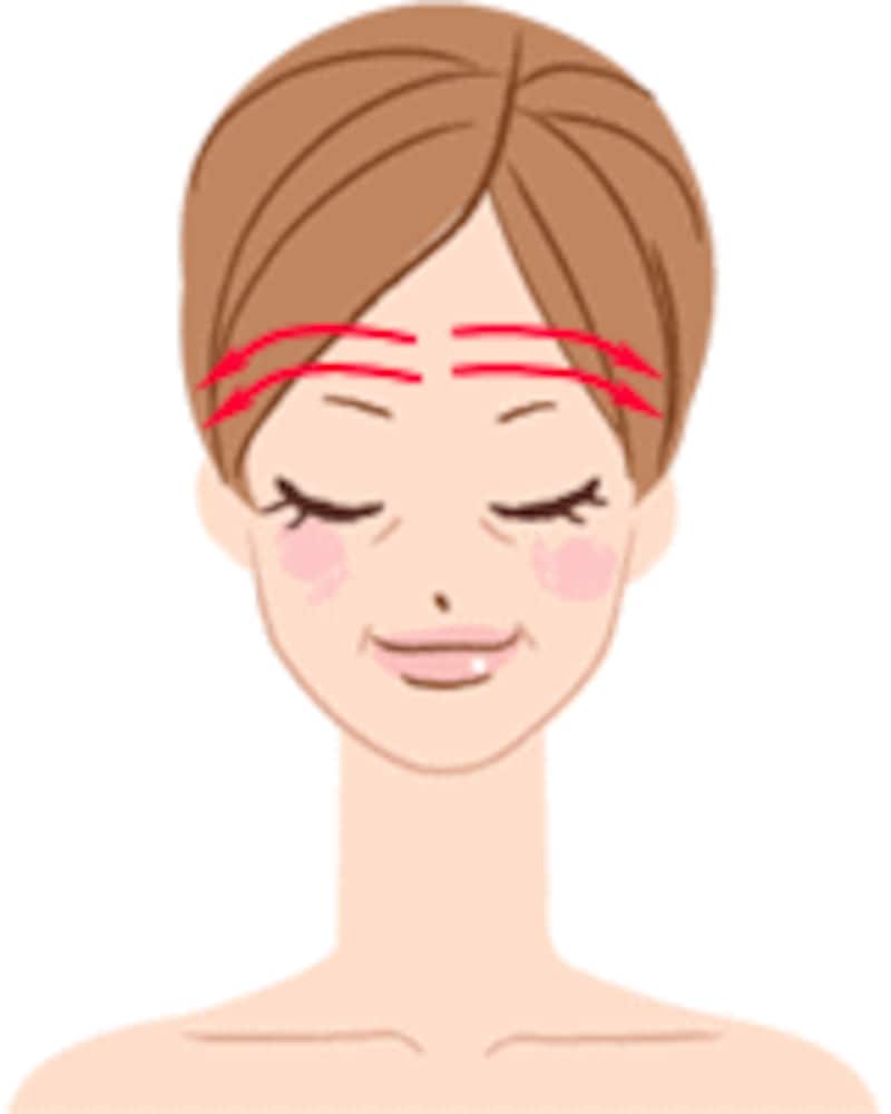 額の中央に人差し指、中指、薬指を置き、指に軽く力を入れながら左右のこめかみまで動かします。