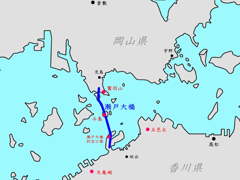 瀬戸大橋を眺められるスポットの地図