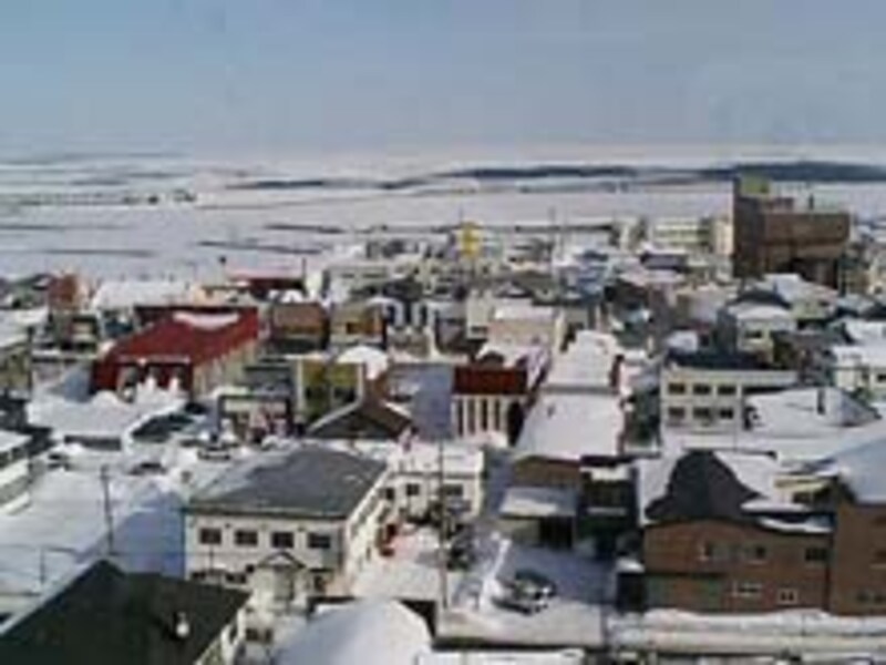 オホーツクパレスからの町並みと流氷の海