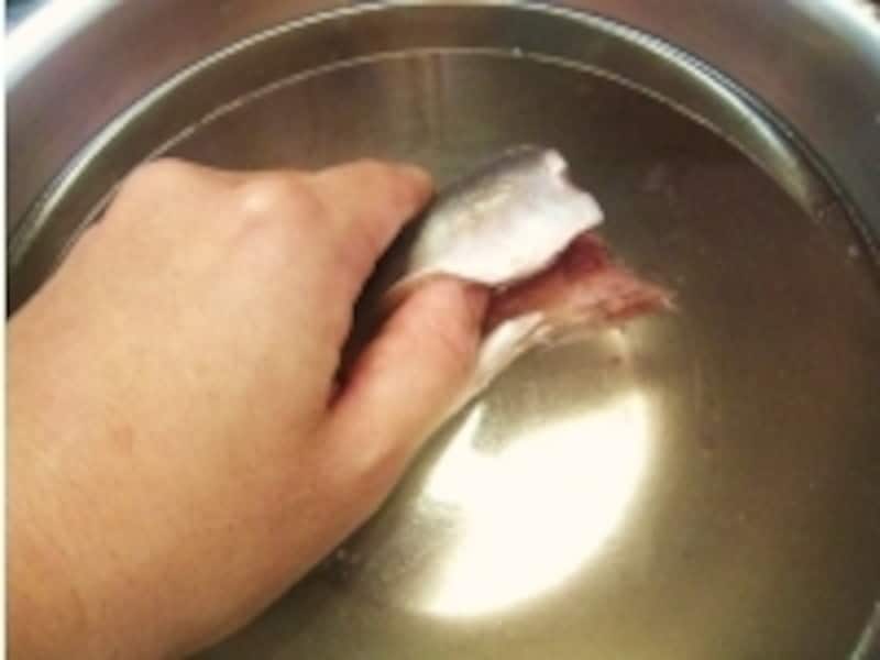あらかじめ用意しておいた塩水の中で魚を洗います