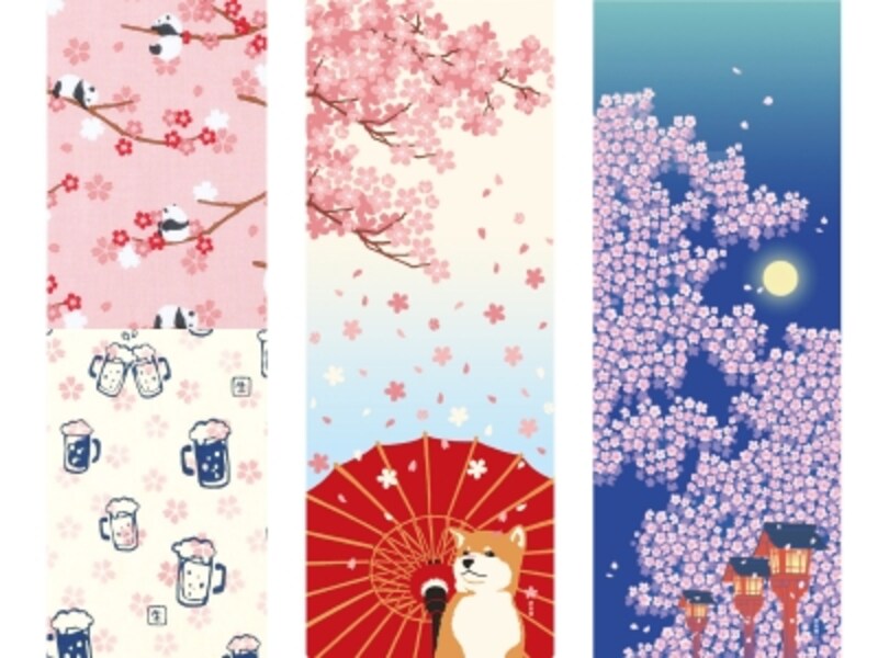 左上:てぬぐい お花見パンダ ピンク(880円) 左下:てぬぐいのはんかち 春の宴 (550円) 中:絵てぬぐい 舞桜と豆柴(1100円) 右:絵てぬぐい 朧桜に月灯 ブルー(1100円)※すべて税込(画像提供:濱文様)