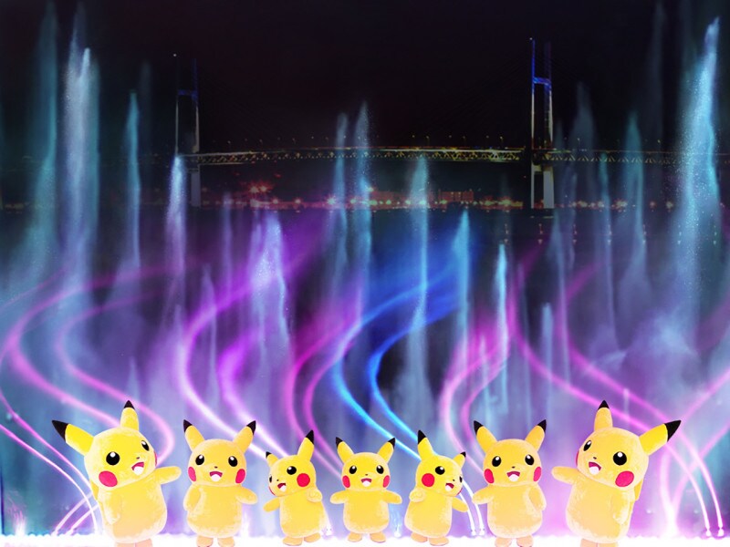 横浜ベイブリッジの夜景を背景に巨大な噴水とピカチュウたちが融合したパフォーマンスを横浜赤レンガパークで開催 ※画像はイメージ(画像提供:ポケモン)