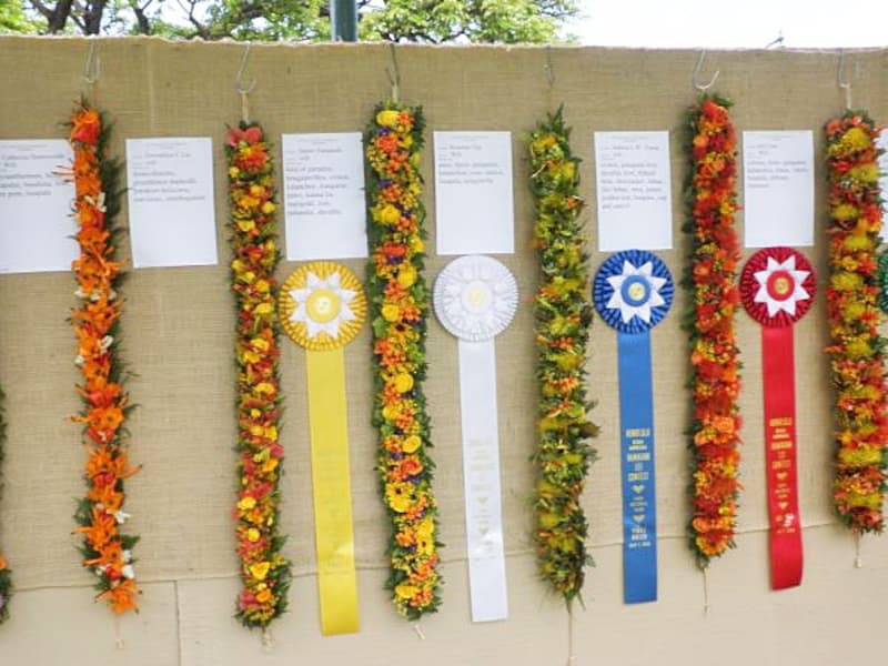 黄色がテーマカラーのレイ。青リボンが1位、赤リボンが2位、白リボンが3位の作品