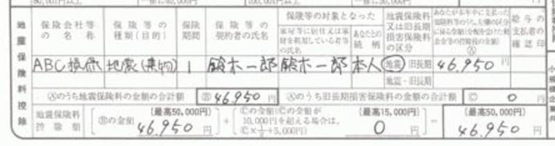 地震保険料控除の記入例：地震保険料控除のみ