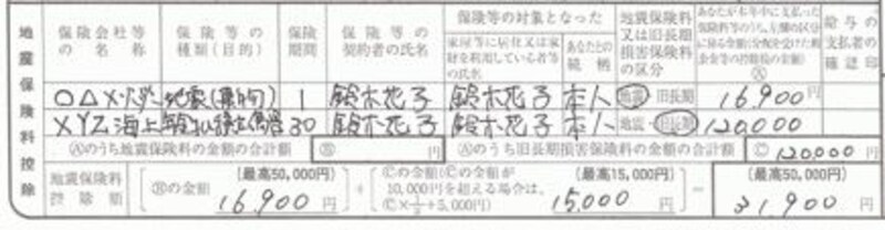 地震保険料控除の記入例：地震保険料控除と経過措置併用