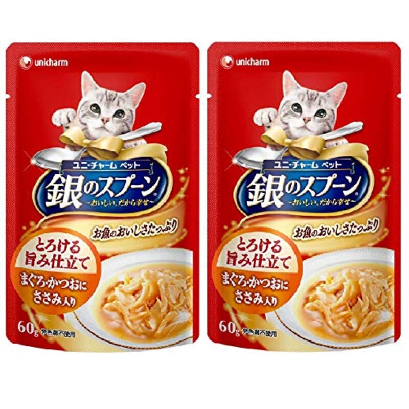 ユニ・チャーム,銀のスプーン パウチ とろける旨み仕立て まぐろ・かつおにささみ入り,4748870