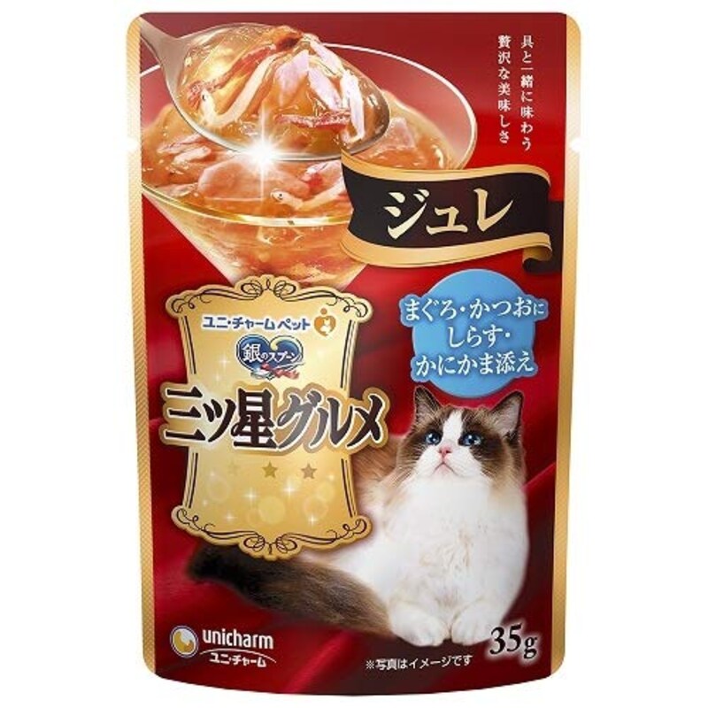 ユニチャーム,銀のスプーン 三ツ星グルメ ジュレ まぐろ・かつおにしらす・かにかま添え