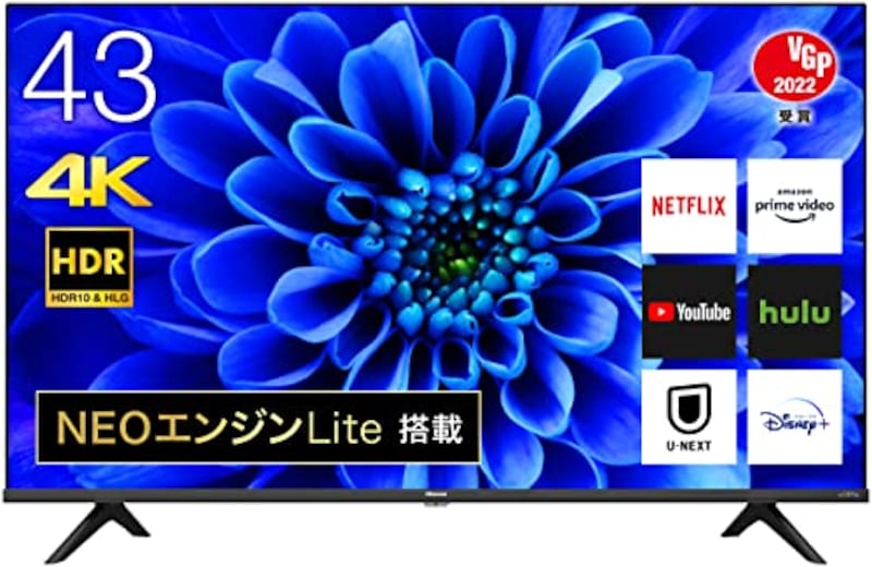 Hisense（ハイセンス）,43V型 4Kチューナー内蔵 液晶 テレビ,43E6G