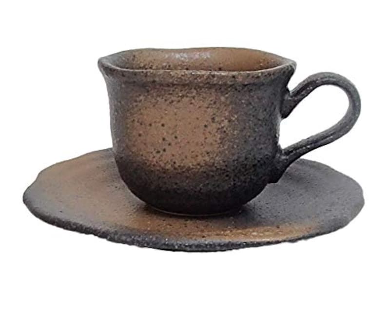 美濃焼（四季彩-陶器ONLINE-）,黒備前吹きフリル　コーヒーカップソーサー,b446-09