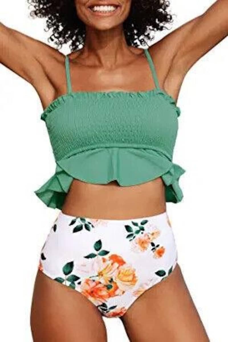 CUPSHE（カップシー）,Womens High Waist Bikini Swimsuit Ruffle Two Piece Bathing Suit Green,te0320978977757453u