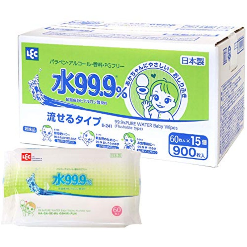 LEC(レック),水99.9% 流せる おしりふき 60枚 15個セット