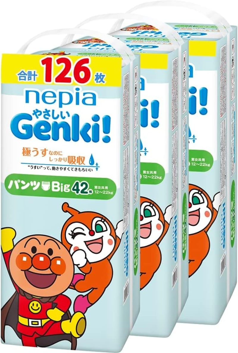 ネピアGENKI!,【パンツ Bigサイズ】 アンパンマン おむつ ネピア やさしいGENKI! パンツ (12~22kg)126枚(42枚×3)