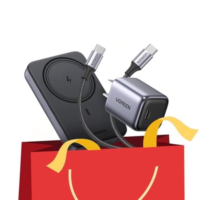 UGREEN【新春福袋・充電3点特別セット】「10000mAh モバイルバッテリー」＆「超小型 30W 急速充電器」＆「100W USB-C ケーブル」（Qi 7.5W ワイヤレス充電 PSE適合）（折畳式プラグ PD/PPS PSE適合）（PD対応 ナイロン編み 1m）多数USB-Cデバイス対応