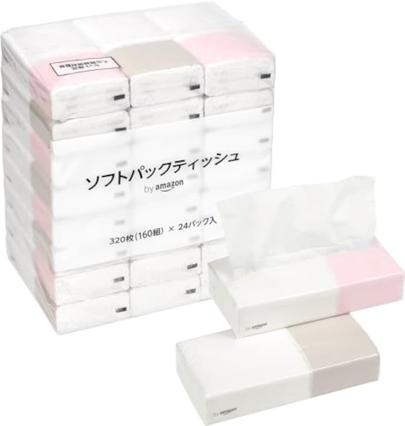 by Amazon ソフトパックティッシュ FSC認証紙 320枚160組(2枚重ね) x 24パック入 ホワイト