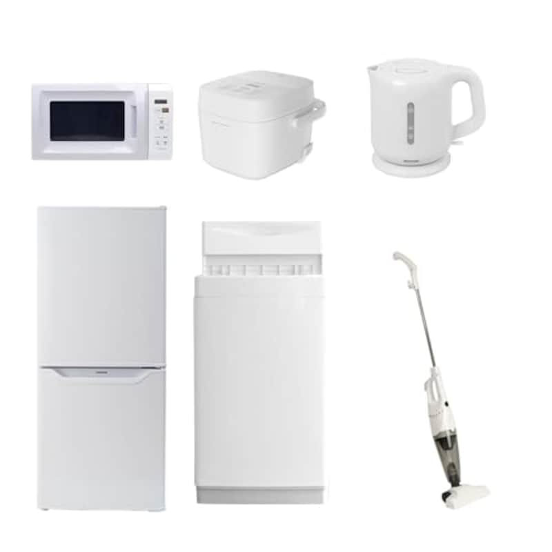 [山善] 【新生活家電6点セット】 家電セット 冷蔵庫106L 洗濯機6kg 電子レンジ17L 炊飯器3合 ケトル 掃除機 ホワイト 一人暮らし