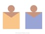 日本人の標準的な肌色（オークル系）とトップスの配色例：左から、アプリコット、ペリウィンクルブルー