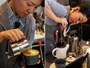 左：エスプレッソにフォームミルクを注いでカプチーノを作ります。右：エアロプレスでコーヒーを抽出中。