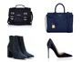 右上から時計回りに、Saint Laurent／Classic Baby Sac De Jour Bag（ブルー）、Gianvito Rossi／Patent leather-trimmed velvet pumps（ミッドナイトブルー）、Balenciaga／Charlotte suede ankle boots（ニュイ）、River Island／Large satchel（ネイビーブルー）