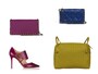 右上から時計回りに、Stella McCartney／'FALABELLA' QUILTED CROSSBODY CHAIN BAG（ブルー）、Bottega Veneta／Intrecciato Nappa Messenger Bag（イエロー）、Jimmy Choo／Heath leather pumps（プラム）、Valentino／Rockstud mini chain bag（シクラメン）