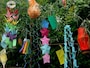 七夕飾りの網飾りや巾着、織姫・彦星、星などを折り紙で作り、笹に飾ろう