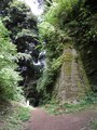 峠の頂上。右手の崖に磨崖仏が