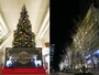 左：館内にある高さ約6mのツリー　右：ゴールドに輝く並木イルミネーション（2015年11月27日撮影）