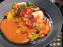 スズキのソテー 甲殻類のソース サフランリゾットと季節の野菜添え