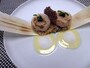 杉板の香りづけしたホタテ貝のグリル アナゴのリゾット添え