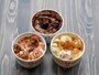 みなとみらい店限定メニューのコンクリート3種。左から時計回りに「Red Bean Pancake（レッドビーンパンケーキ）」「Shack Attack（シャック アタック）」「Bayside Crete（ベイサイド クリート）」（スモール490円、レギュラー660円）※画像はスモール（2017年9月27日撮影）