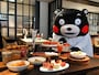 いちごづくしに目を奪われるくまモン＝2月5日、東京都中央区