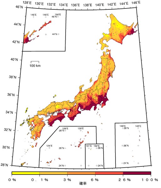 2016年から30年間に震度6弱以上の揺れに見舞われる確率（平均ケース・全地震）