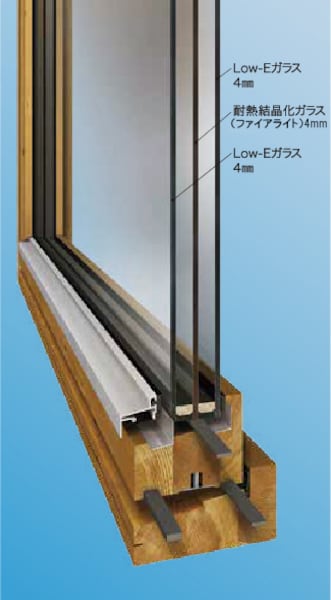 木製サッシ三層ガラス窓の断面図