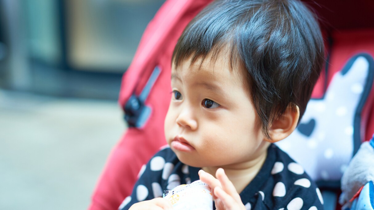 電車の中でベビーカーを見つめる息子 赤ちゃんの目を見つめながらパンをかじると…可愛いすぎる返しに癒される人が続出！