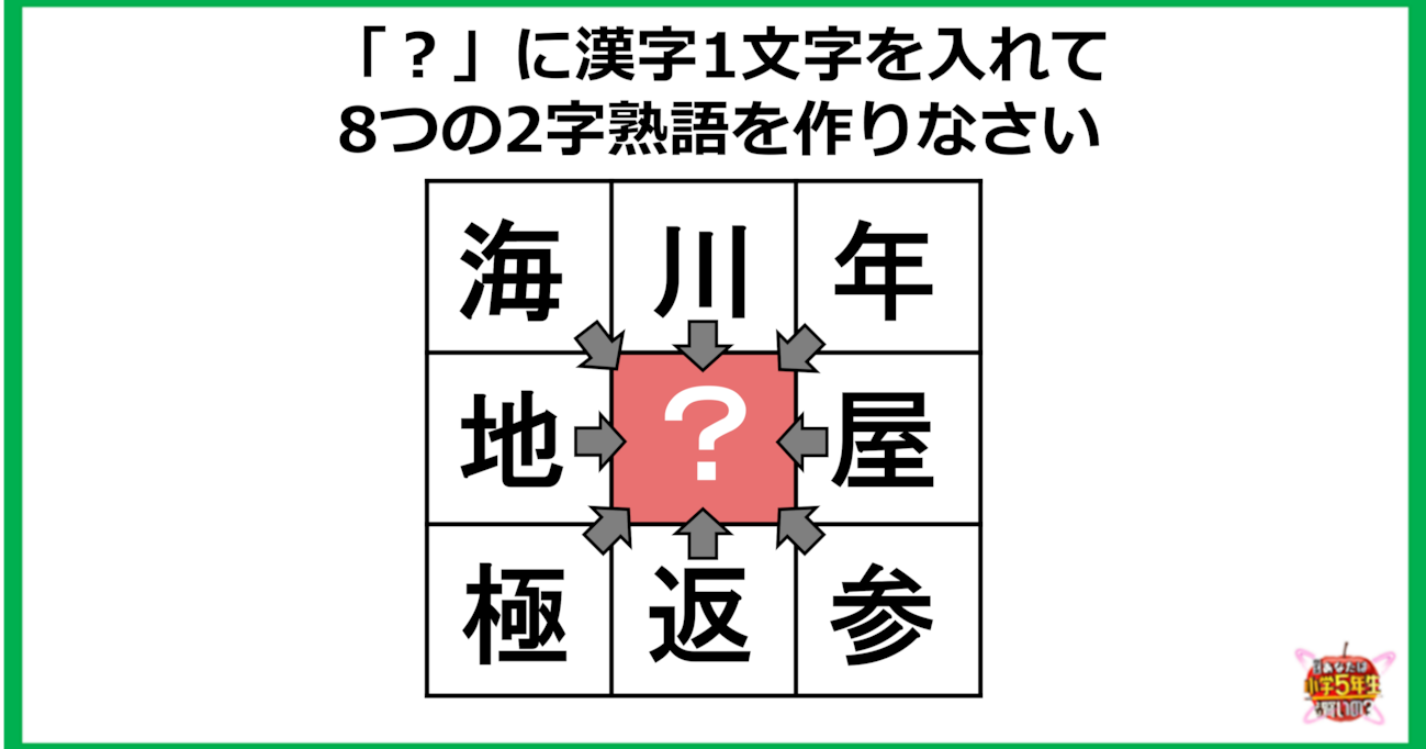 【小4レベル】「?」に漢字1文字を入れて8つの2字熟語を作りなさい