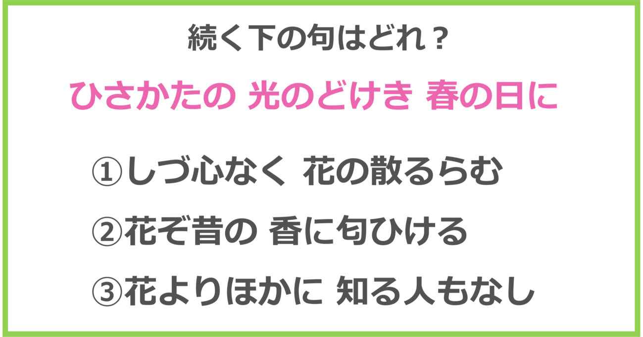 【百人一首クイズ】「ひさかたの 光のどけき 春の日に～」に続く下の句は？（第5問）