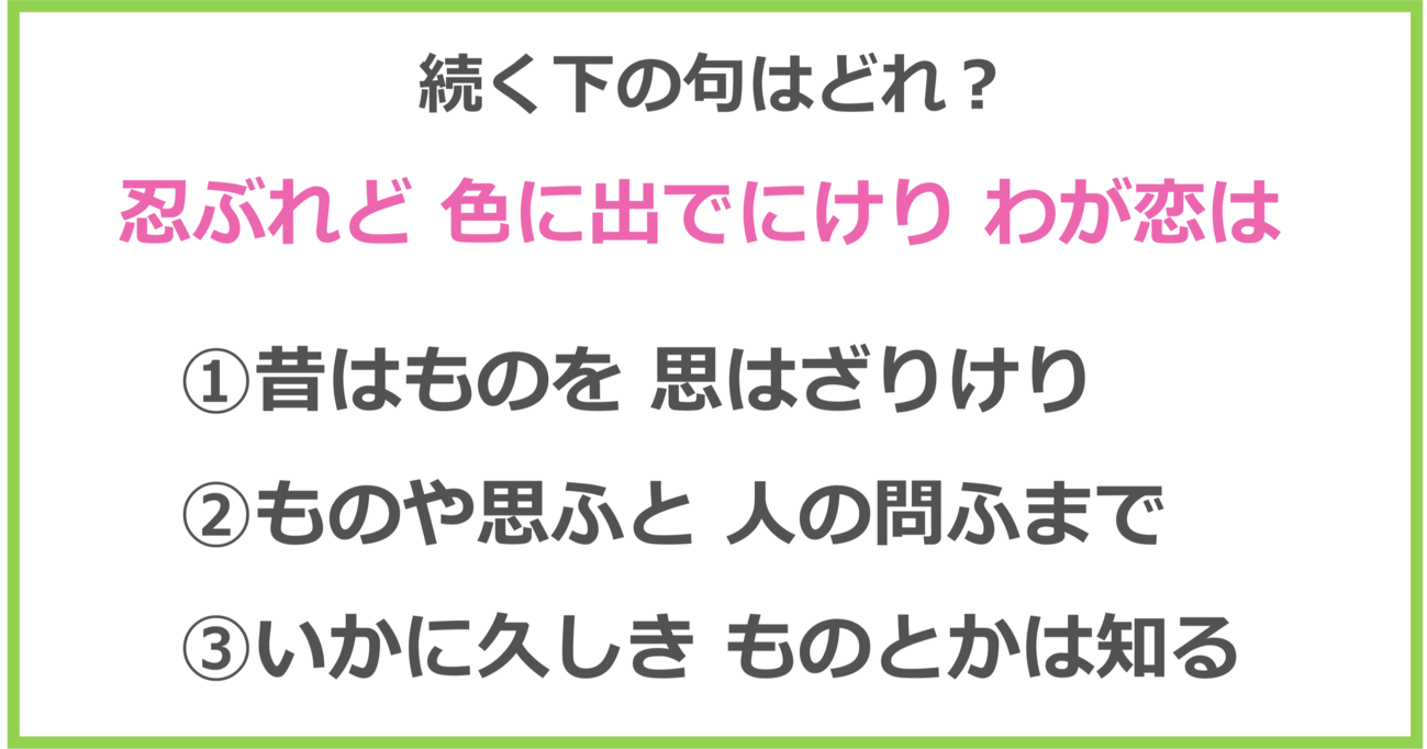 【百人一首クイズ】「忍ぶれど 色に出でにけり わが恋は～」に続く下の句は？（第7問）