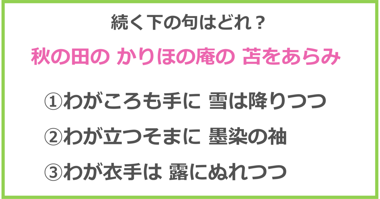 【百人一首クイズ】「秋の田の かりほの庵の 苫をあらみ～」に続く下の句は？（第13問）