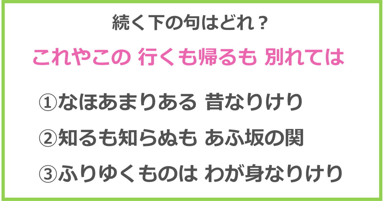 【百人一首クイズ】「これやこの 行くも帰るも 別れては～」に続く下の句は？（第14問）