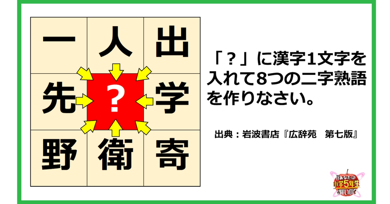 【小5レベル】「？」に漢字1文字を入れて8つの二字熟語を作りなさい