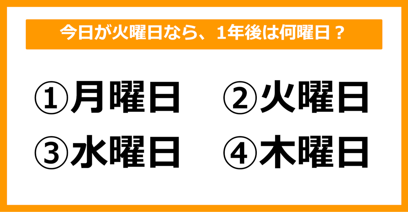 【雑学クイズ】今日が火曜日だとすると、1年後は何曜日でしょう？