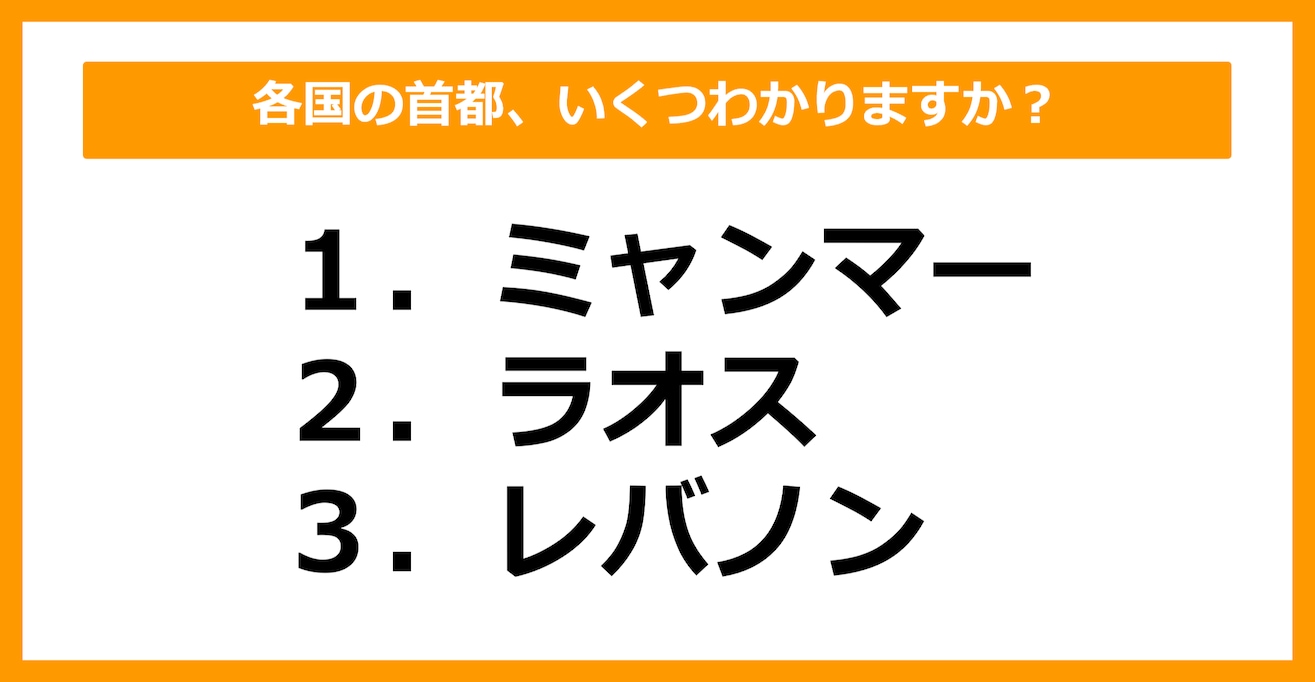 【世界地理】ミャンマー、ラオス、レバノンの首都はどこでしょう？（第27問）