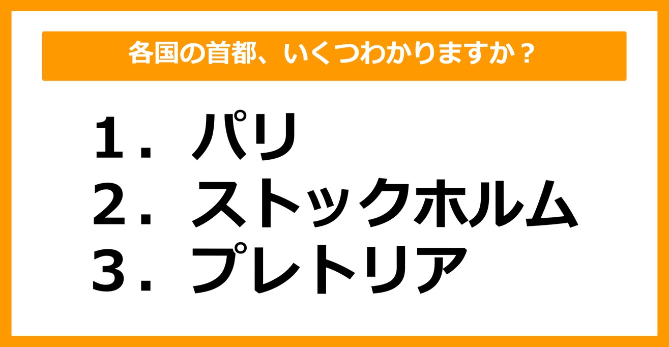 【世界地理】パリ、ストックホルム、プレトリアの首都を持つ国はどこでしょう？（第33問）