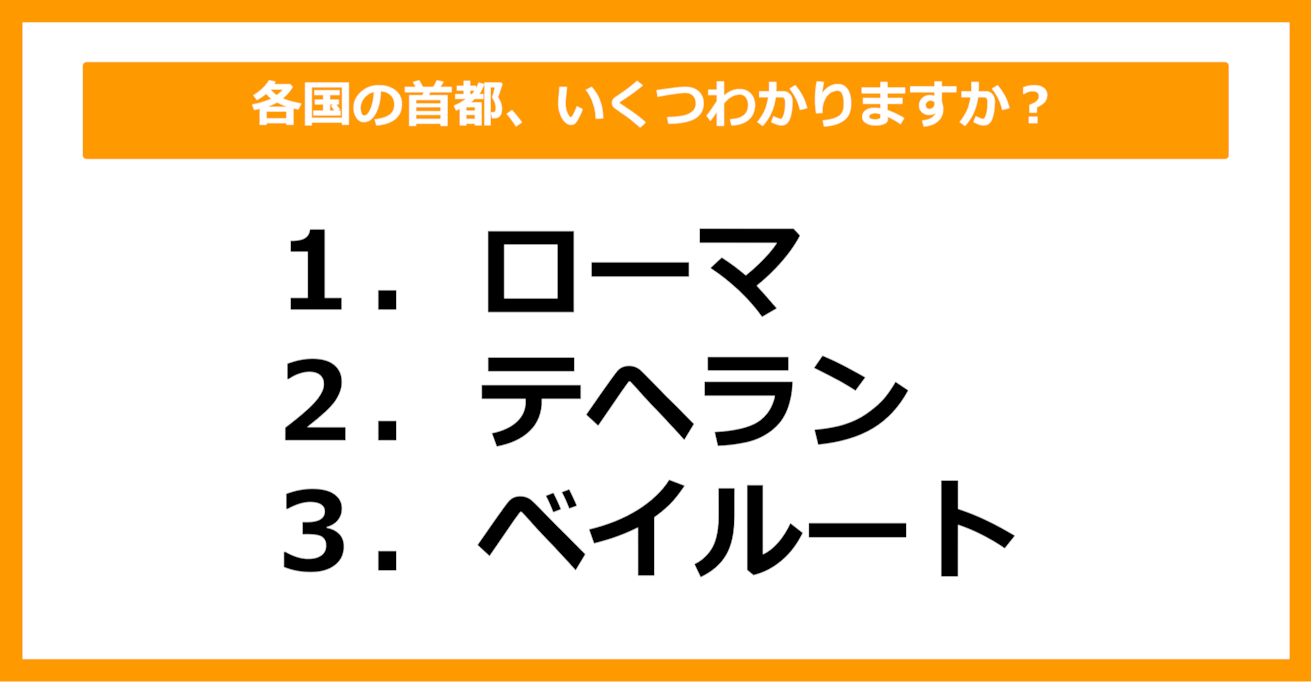 【世界地理】ローマ、テヘラン、ベイルートの首都を持つ国はどこでしょう？（第39問）