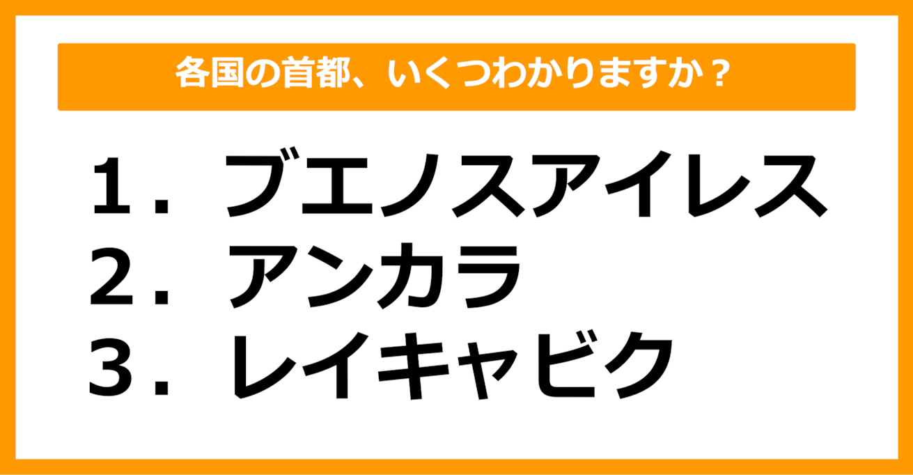 【世界地理】ブエノスアイレス、アンカラ、レイキャビクの首都を持つ国はどこでしょう？（第48問）